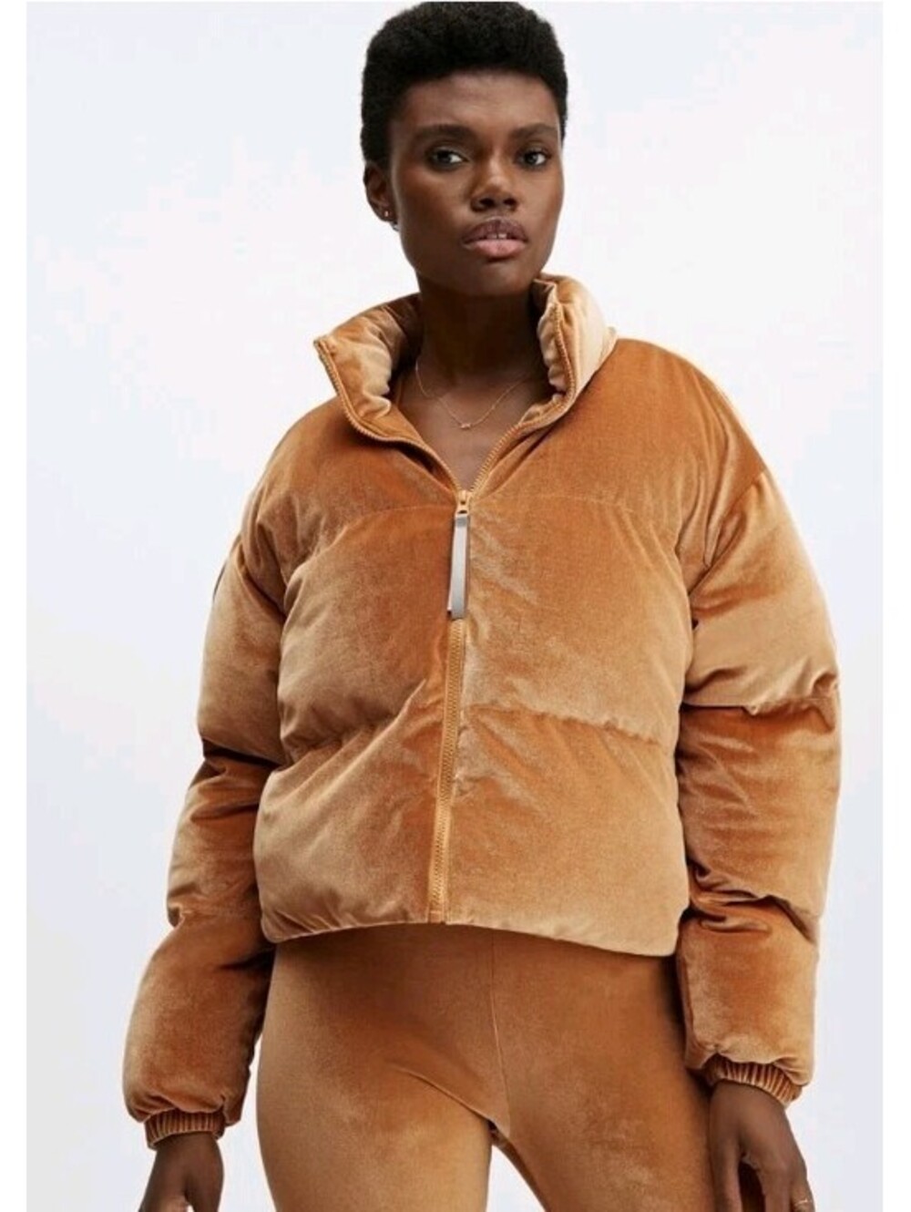 Fabletics Women's 1X Velour Cropped Puffer Wander Jacket Light Honey New